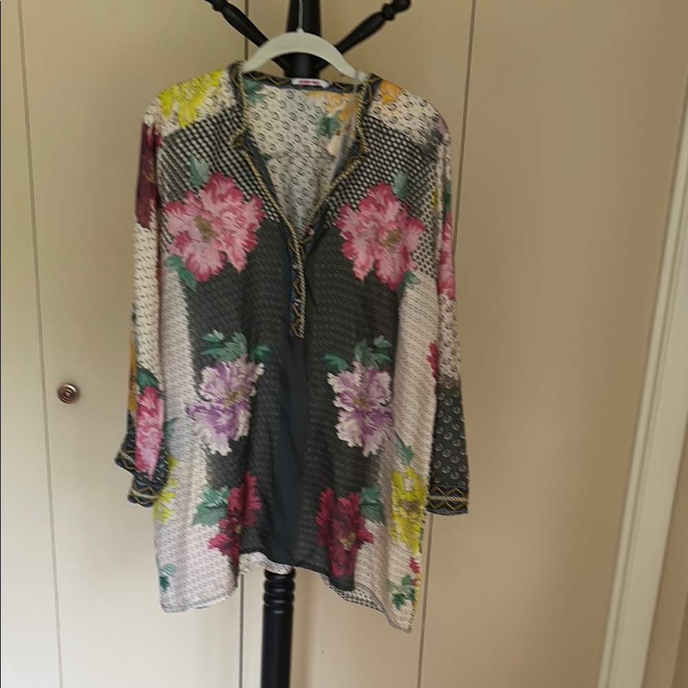 Johnny Was Silk Floral Tunic in Pink, Purple, and Green